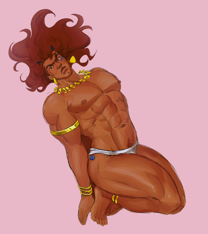 1boy abs absurdres bara battle_tendency bulge dark-skinned_male dark_skin demonicboimike floating_hair full_body gold head_tilt highres jojo_no_kimyou_na_bouken large_pectorals long_hair looking_at_viewer male_focus male_pubic_hair mature_male muscular muscular_male navel nipples pectorals pink_background pubic_hair red_hair santana_(jojo) solo stomach thick_eyebrows thick_lips thick_thighs thighs topless_male