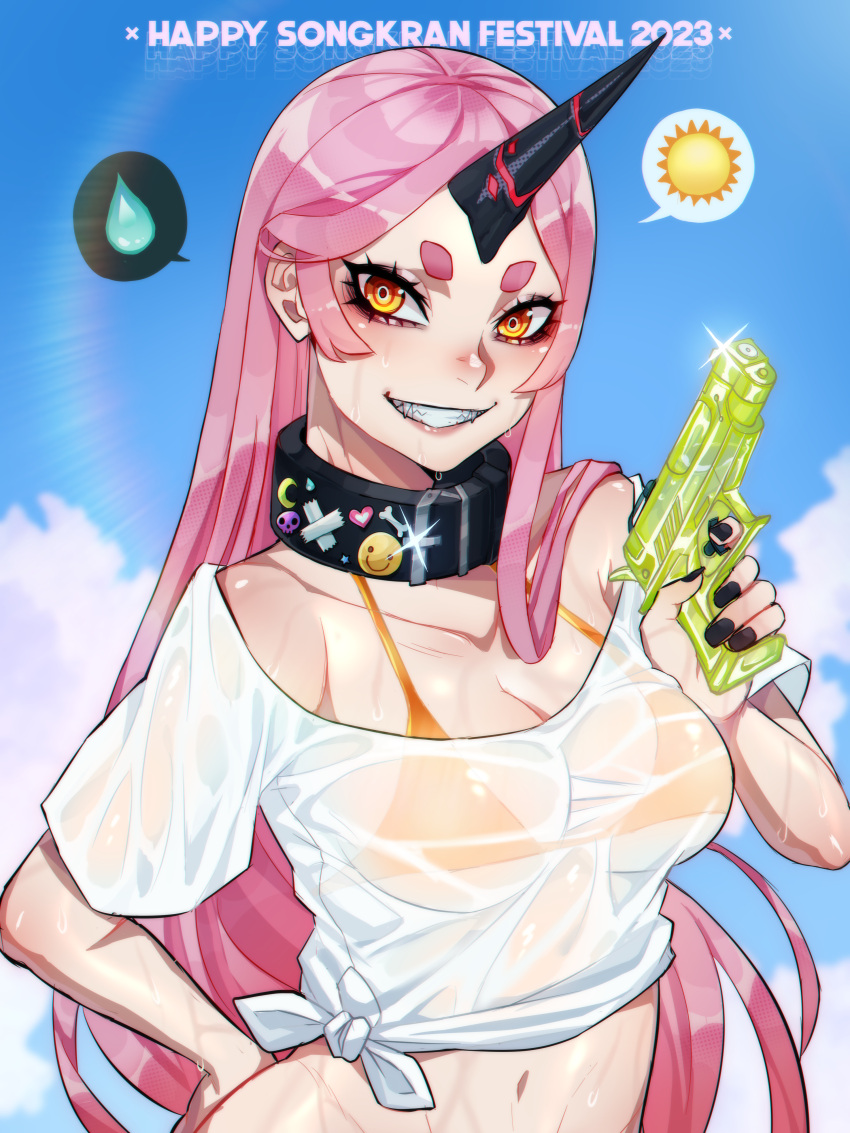 1girl absurdres bikini bikini_under_clothes black_crowser breasts clothes crop_top demon fangs festival highres horns large_breasts midriff navel orange_bikini original pink_hair ringed_eyes shirt solo songkran stomach sun swimsuit teeth wet white_shirt yellow_eyes