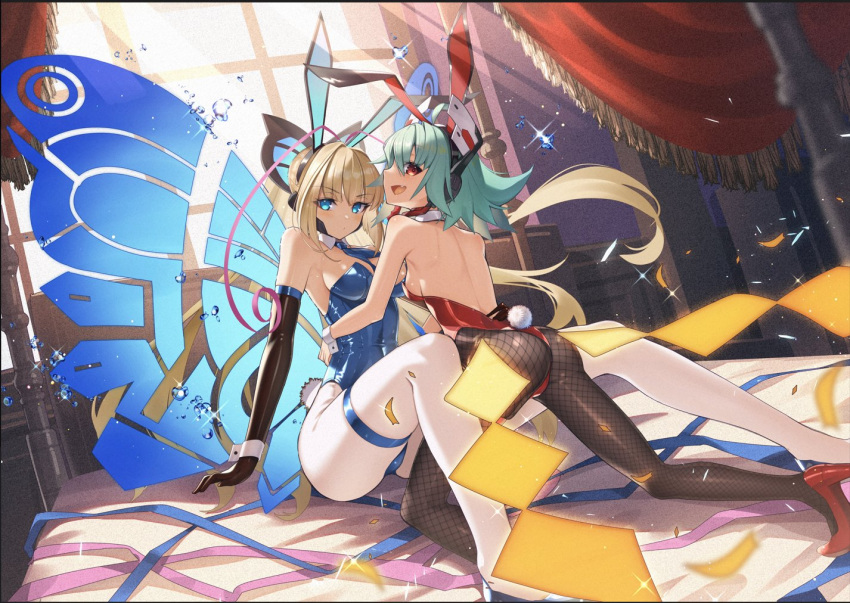 2girls animal_ears aqua_hair ass azure_striker_gunvolt azure_striker_gunvolt_2 back backless_leotard blonde_hair blue_eyes blue_leotard breasts butterfly_wings cleavage cluseller confetti expressionless fake_animal_ears fake_tail fang fishnet_pantyhose fishnets grey_hair highleg highleg_leotard hug insect_wings leotard long_hair looking_at_viewer looking_back lumen_(gunvolt) medium_breasts multiple_girls open_mouth pantyhose playboy_bunny rabbit_ears rabbit_tail red_eyes red_leotard ribbon roro_(gunvolt) sideboob sitting skindentation smile sparkle tail thigh_strap white_pantyhose wings wrist_cuffs