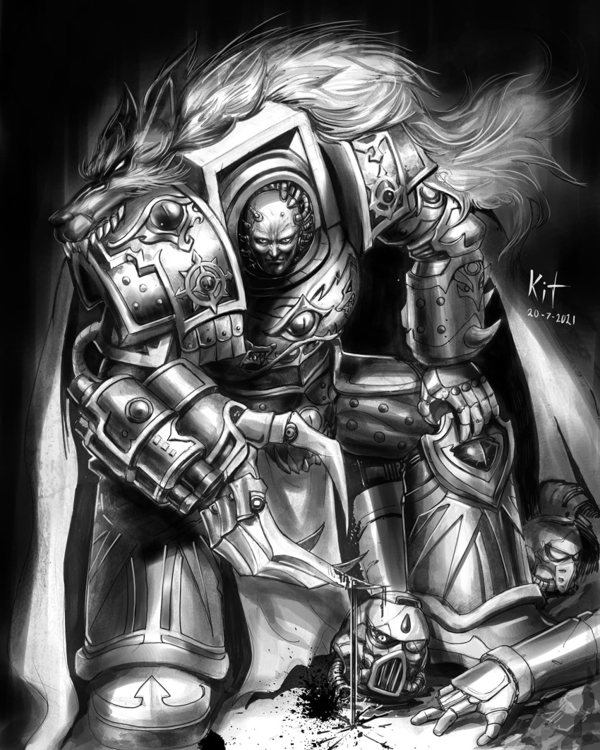 1boy animal_ears armor artist_name bald blood chaos_(warhammer) clawed_gauntlets decapitation disembodied_head evil_eyes eyes_of_horus_(warhammer_40k) greyscale hair_tubes highres horus_lupercal looking_at_viewer monochrome ornate_armor pauldrons pelt power_armor primarch shoulder_armor signature smirk terminator_armor tube wai_kit_leung warhammer_40k weapon wolf_ears wolf_pelt