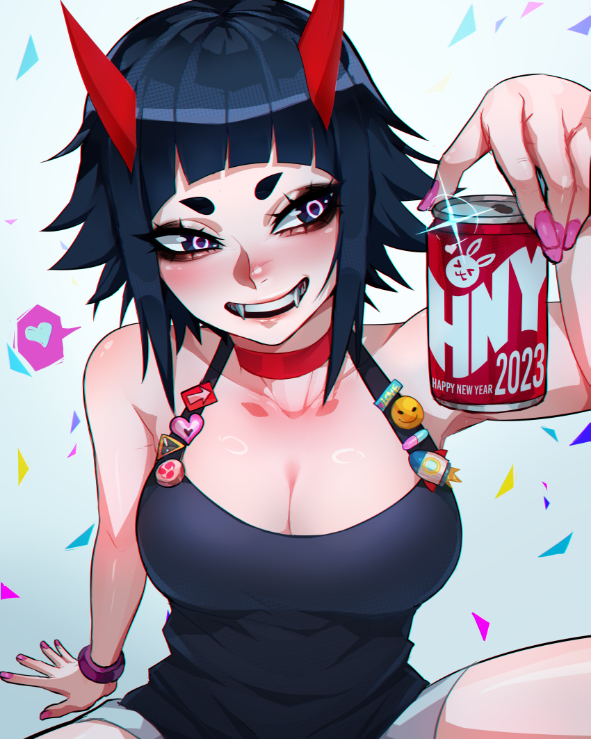 1girl 2023 absurdres black_crowser black_eyes black_hair black_tank_top breasts can demon_horns fangs grey_shorts happy_new_year highres holding holding_can horns medium_breasts original short_hair shorts smile solo tank_top teeth