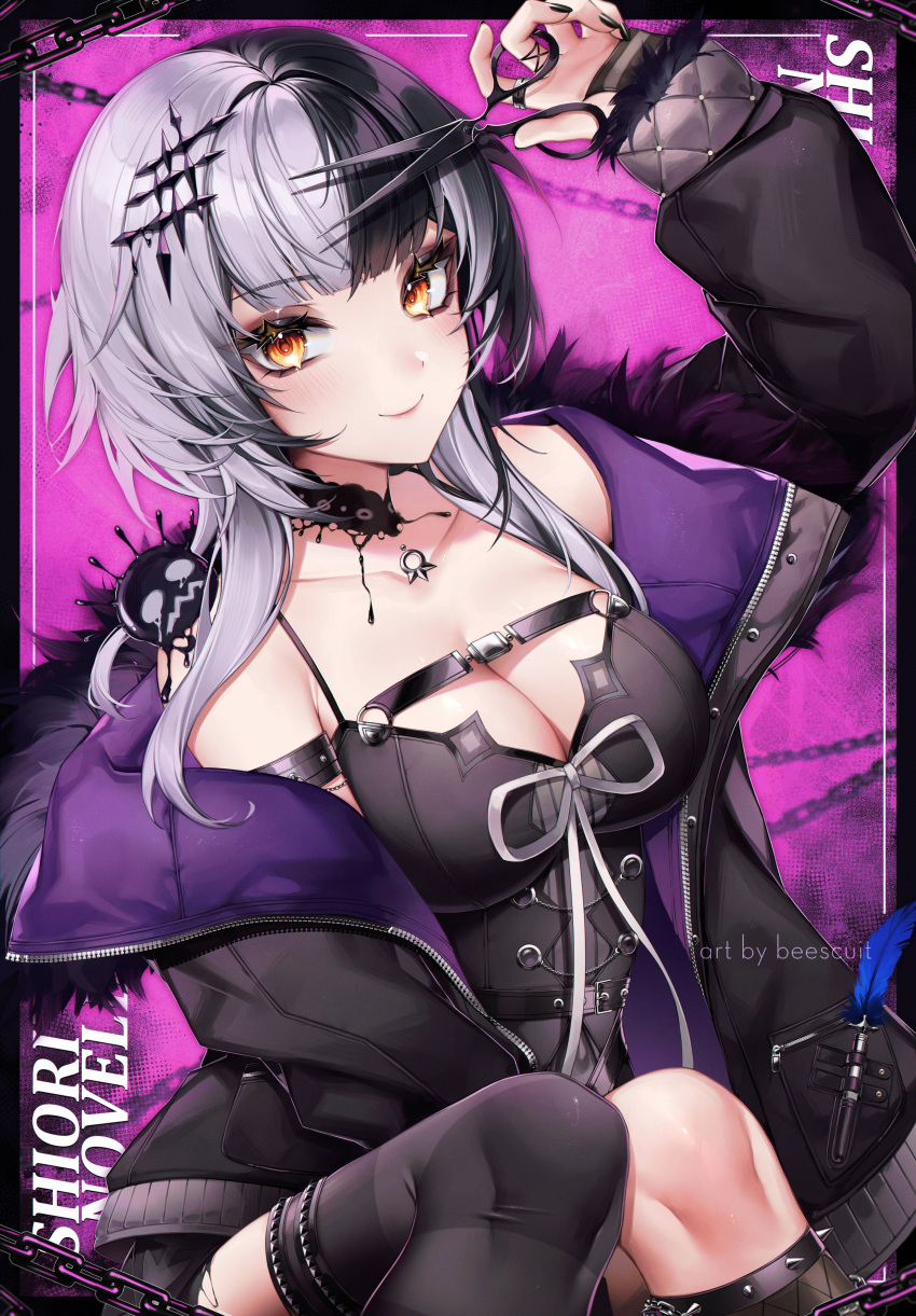 1girl absurdres beescuit black_choker black_coat black_dress black_hair black_nails blush breasts chest_belt choker cleavage coat dress fur-trimmed_coat fur_trim grey_hair hair_ornament highres holding holding_scissors hololive hololive_english lace lace-trimmed_choker lace_choker lace_trim large_breasts long_hair looking_at_viewer multicolored_hair scissors shiori_novella smile solo split-color_hair striped_arm_warmers two-tone_hair virtual_youtuber yellow_eyes yorick_(shiori_novella)