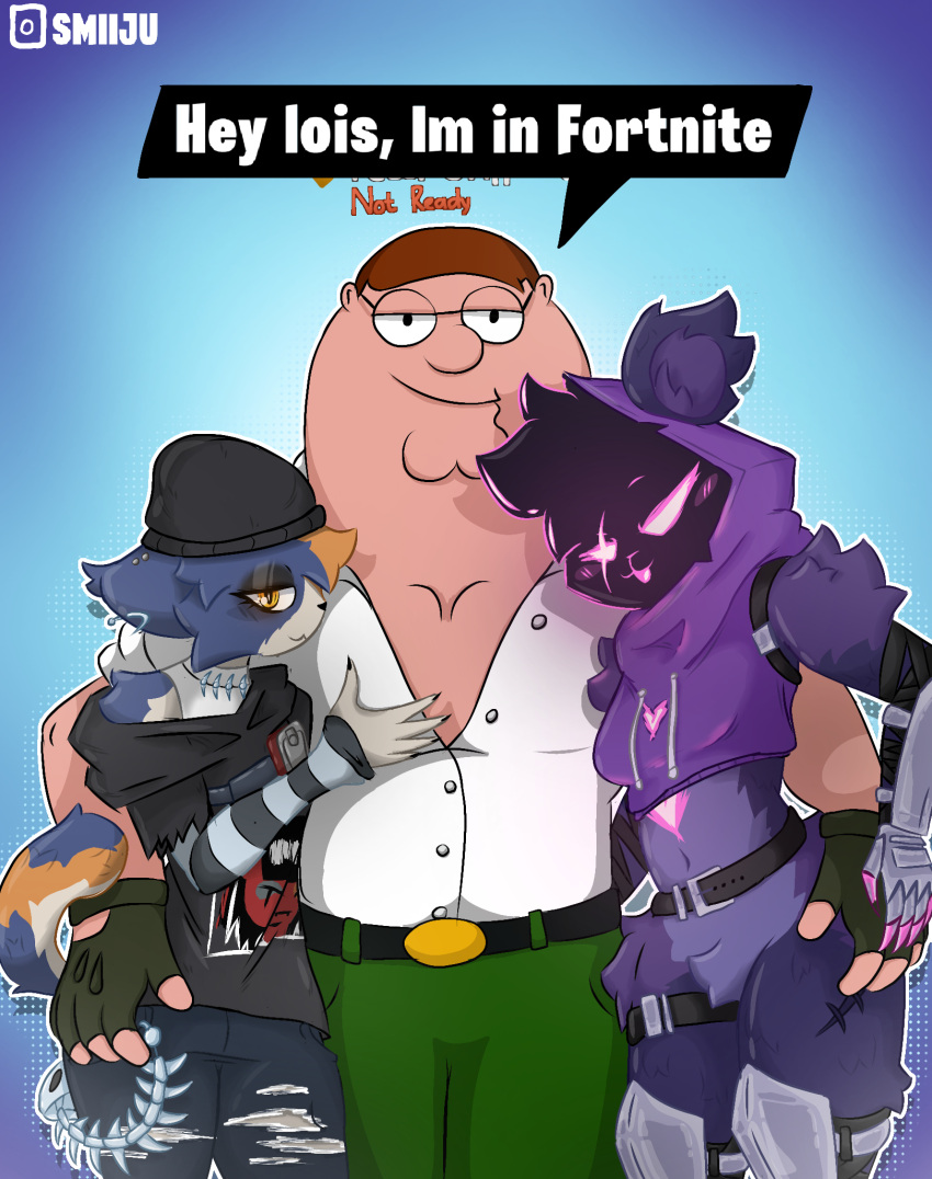 anthro epic_games family_guy female fortnite group hi_res human male male/female mammal meow_skulls_(fortnite) peter_griffin raven_team_leader smiiju trio