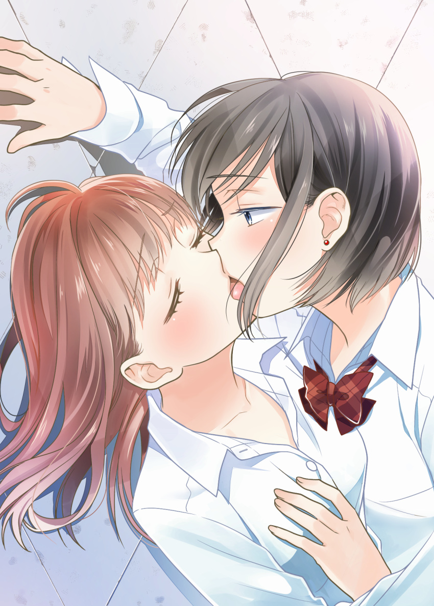 2girls black_hair brown_hair closed_eyes ear_piercing french_kiss grabbing grabbing_another's_breast highres kiss looking_at_another lying multiple_girls ooshima_tomo original piercing school_uniform yuri