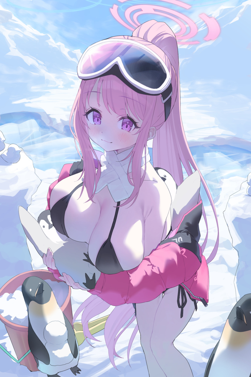 1girl absurdres animal_hug applepie_(12711019) bare_legs bare_shoulders bikini bird black_bikini blue_archive blush breasts bucket down_jacket eimi_(swimsuit)_(blue_archive) feet_out_of_frame goggles goggles_on_head halo highres jacket jacket_partially_removed large_breasts long_hair official_alternate_costume outdoors penguin pink_eyes pink_hair pink_jacket ponytail scarf side-tie_bikini_bottom sidelocks ski_goggles smile snow_duck solo swimsuit very_long_hair white_scarf