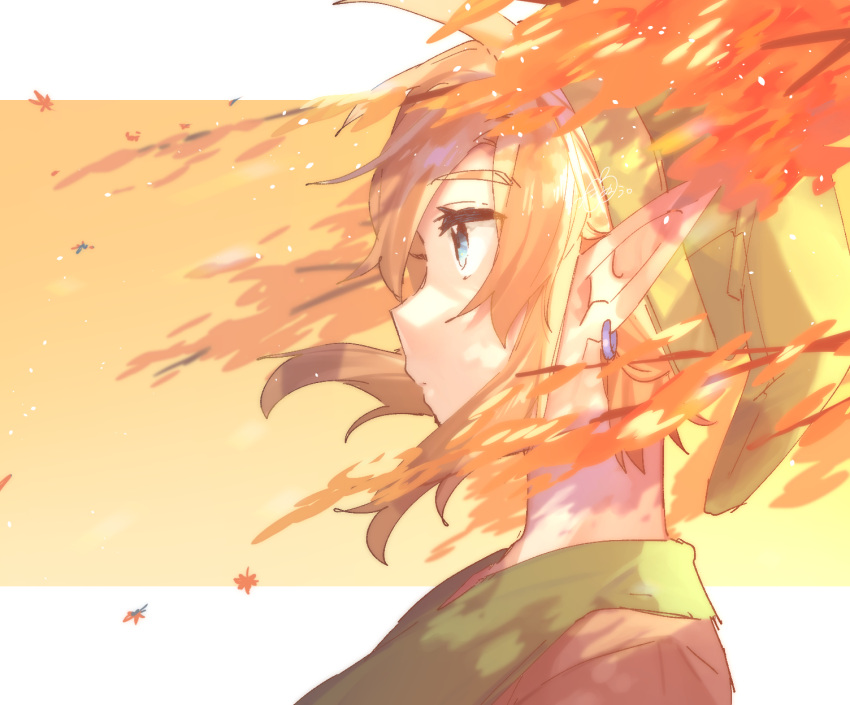 1boy autumn autumn_leaves blonde_hair closed_mouth earrings green_eyes green_headwear green_shirt highres jewelry link orange_background pointy_ears profile shirt solo the_legend_of_zelda ttanuu. white_background