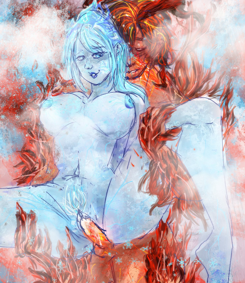 1boy 1girl blue_skin breasts claws clive_rosfield colored_skin female_pubic_hair final_fantasy final_fantasy_xvi hetero highres horns jill_warrick kerto nipples penis pubic_hair red_skin reverse_upright_straddle sex smile snowflakes spread_legs steaming_body tiara vaginal