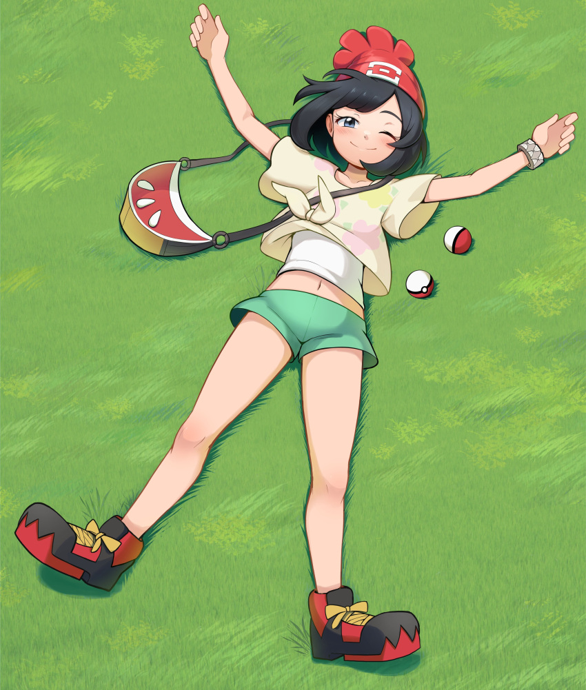 1girl ;) absurdres beanie bracelet closed_mouth clothes_lift commentary commission day floral_print from_above full_body grass green_shorts grey_eyes hat highres jewelry knees legs looking_at_viewer lying mr.thunderigor on_back one_eye_closed outdoors poke_ball poke_ball_(basic) pokemon pokemon_sm red_headwear selene_(pokemon) shirt shirt_lift short_shorts short_sleeves shorts smile solo t-shirt tied_shirt undershirt z-ring