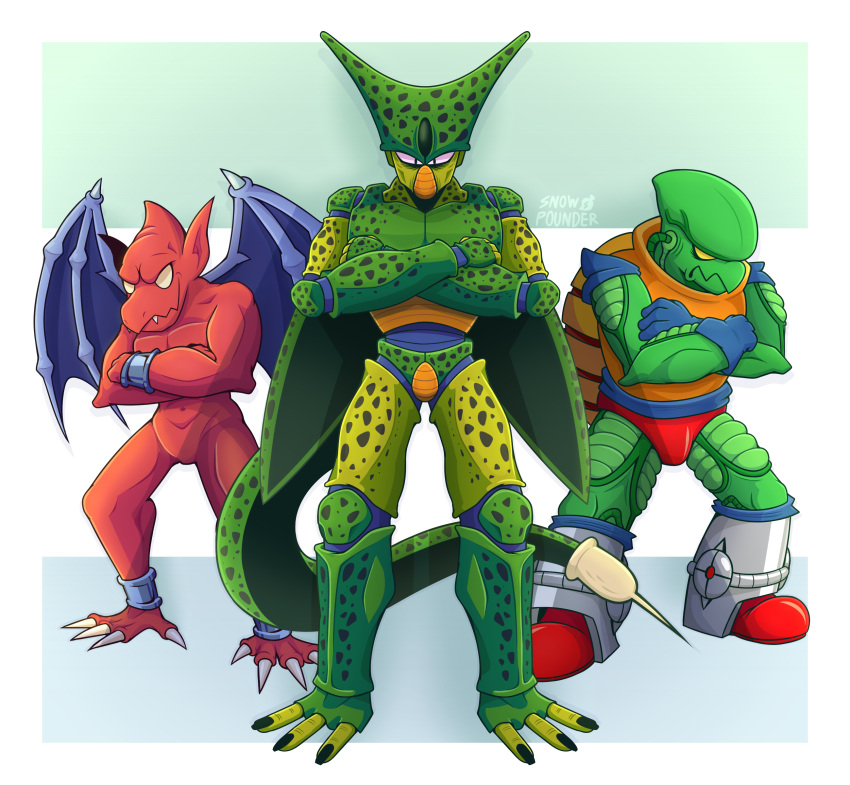 absurd_res alien android anklet arthropod bio-android_(dragon_ball) bracelet capcom cell_(dragon_ball) clothed clothing crossed_arms demon demon's_crest dragon_ball f-zero featureless_crotch firebrand gargoyle gargoyle's_quest gloves green_body group handwear hi_res humanoid_pointy_ears imperfect_cell jewelry machine male membrane_(anatomy) membranous_wings nintendo nude pico_(f-zero) red_arremer red_body robot snow_pounder_(artist) speedo swimwear tail trio wings