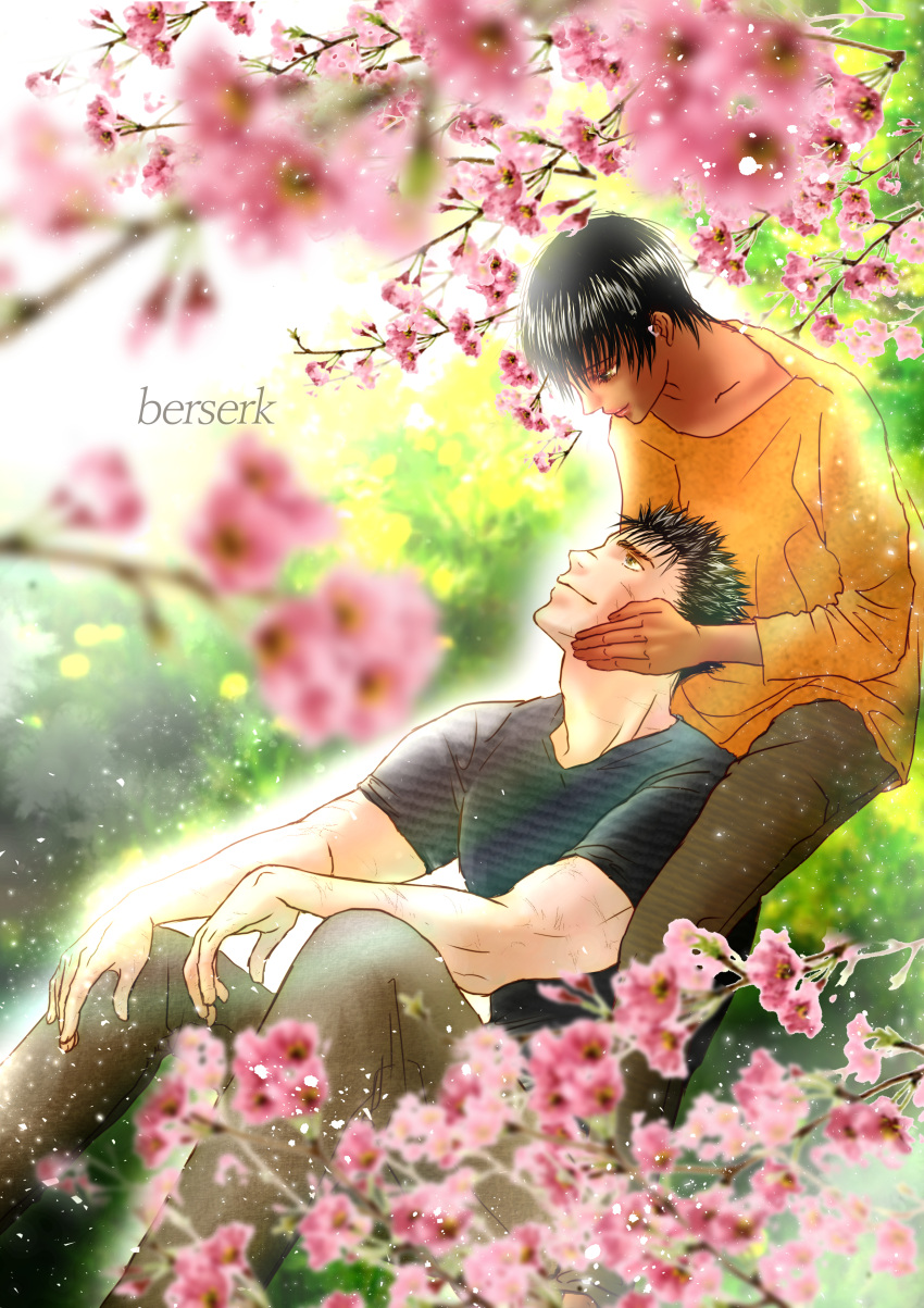 1boy 1girl absurdres berserk black_hair black_shirt casca_(berserk) cherry_blossoms commentary commentary_request guts_(berserk) hand_on_another's_face highres kame_(jeycobsry) looking_at_another looking_down looking_up orange_shirt pants shirt short_hair sitting sitting_between_lap smile