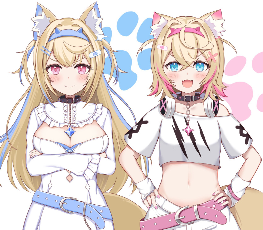 2girls animal_ear_fluff animal_ears arms_under_breasts bandaid bandaid_hair_ornament belt blonde_hair blue_belt blue_eyes blue_hair blue_nails blush breasts cleavage cleavage_cutout clothing_cutout collar cropped_shirt dog_ears dog_girl dog_tail dress frilled_shorts frills fuwawa_abyssgard hair_ornament hairpin hands_on_own_hips highres hololive hololive_english long_hair looking_at_viewer medium_breasts medium_hair mococo_abyssgard multicolored_hair multiple_girls nail_polish navel pink_belt pink_eyes pink_hair pink_nails sabamiso_(tomomon021831) shirt shorts siblings sisters small_breasts smile spiked_collar spikes streaked_hair tail twins two_side_up virtual_youtuber white_dress white_shirt white_shorts x_hair_ornament