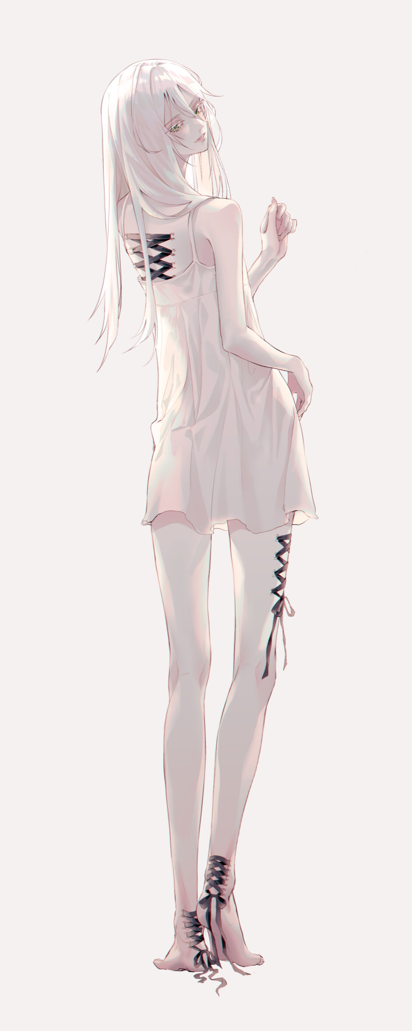 1girl absurdres amugae bare_legs barefoot chromatic_aberration colored_skin corset_piercing dress green_eyes highres long_hair long_legs looking_back original standing white_background white_dress white_hair white_skin