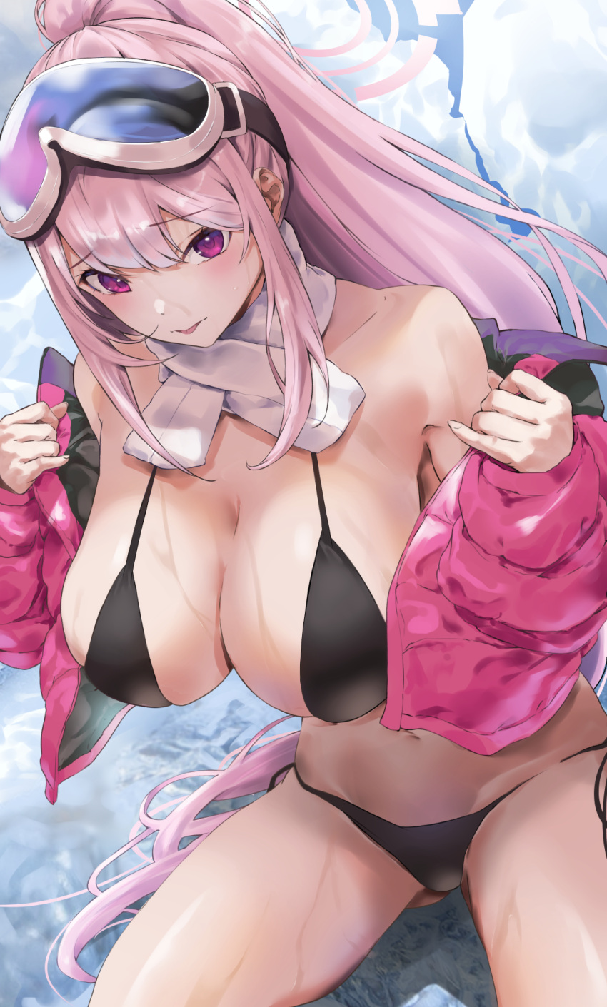 1girl bikini black_bikini blue_archive blue_sky breasts cleavage double-parted_bangs eimi_(blue_archive) eimi_(swimsuit)_(blue_archive) goggles hair_between_eyes halo hands_up highres holding holding_clothes holding_jacket jacket kuu_(user_gngs5284) large_breasts long_hair looking_at_viewer navel official_alternate_costume official_alternate_hairstyle open_clothes open_jacket outdoors pink_eyes pink_hair pink_halo pink_jacket ponytail scarf side-tie_bikini_bottom ski_goggles sky solo squatting stomach swimsuit tongue tongue_out white_scarf