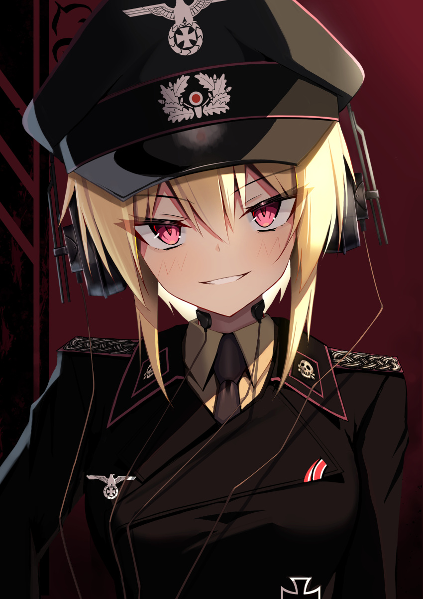 1girl absurdres blonde_hair cross epaulettes grin hat headphones highres iron_cross jiseki_rena looking_at_viewer military_uniform nazi necktie original peaked_cap red_eyes reichsadler rena_(jiseki_rena) short_hair smile solo throat_microphone totenkopf tsurime uniform white_background