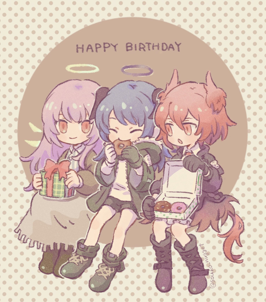 3girls :o ankle_boots arknights black_footwear black_gloves black_shorts blue_hair blush boots brown_background brown_footwear brown_jacket brown_skirt closed_eyes commentary demon_horns doughnut eating english_commentary feather_hair fiammetta_(arknights) food full_body gift gloves green_eyes green_gloves halo happy_birthday highres holding holding_food holding_gift horns jacket lemuen_(arknights) long_hair looking_at_another mostima_(arknights) multiple_girls pastry_box pink_hair polka_dot polka_dot_background red_eyes red_hair shirt short_hair shorts single_glove skirt smile souko_nugget thigh_boots twitter_username white_shirt