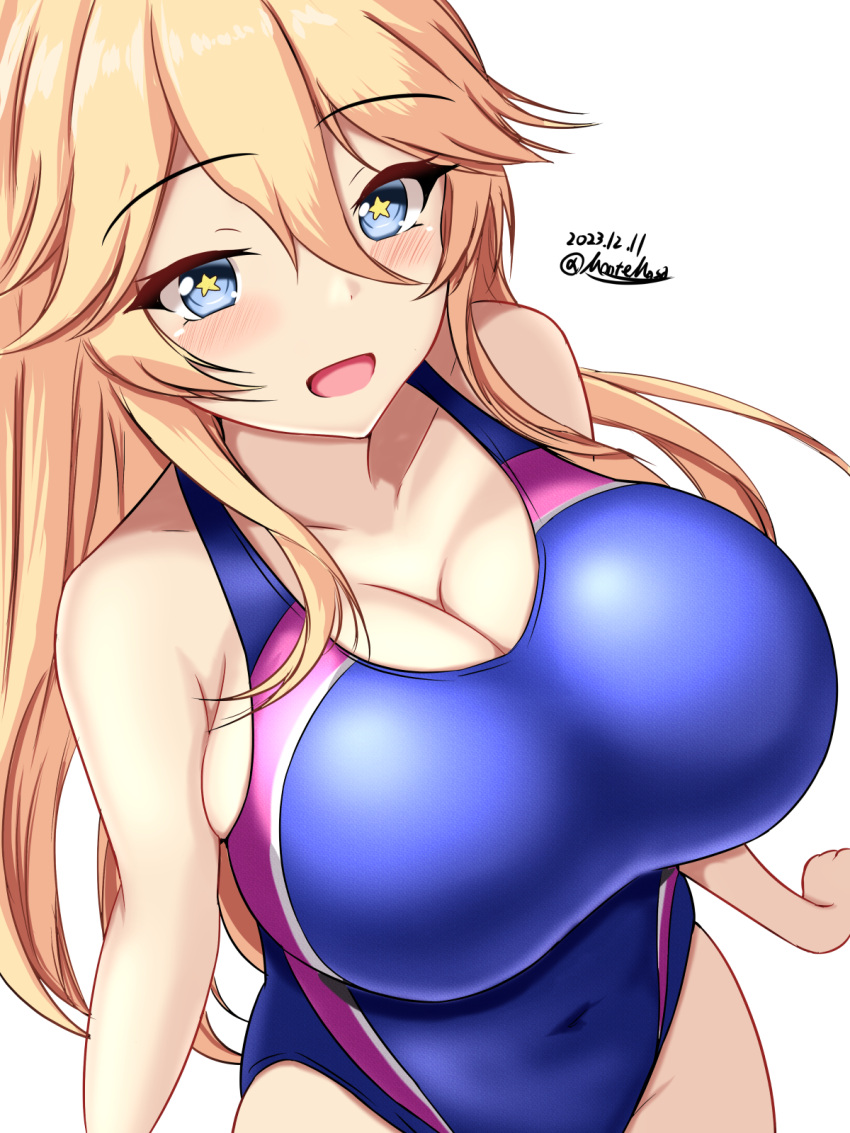 1girl blonde_hair blue_eyes blue_one-piece_swimsuit breasts cleavage competition_swimsuit covered_navel cowboy_shot dated hair_between_eyes highres iowa_(kancolle) kantai_collection large_breasts long_hair looking_at_viewer montemasa one-hour_drawing_challenge one-piece_swimsuit open_mouth simple_background smile solo star-shaped_pupils star_(symbol) swimsuit symbol-shaped_pupils twitter_username white_background