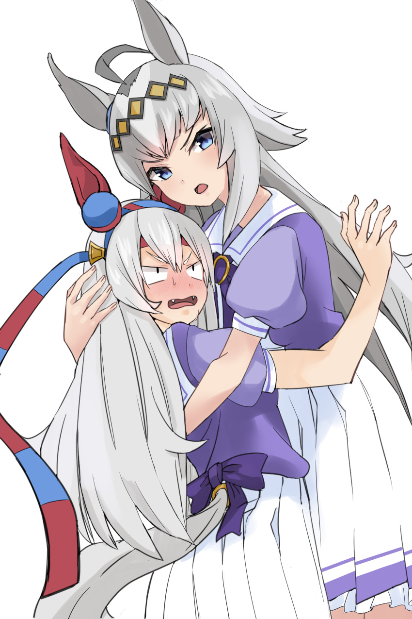 2girls absurdres ahoge animal_ears back_bow blue_eyes blue_hairband blush bow commentary_request cowboy_shot ear_covers ear_ornament fangs grey_hair hair_ornament hairband harukazetabiji headband height_difference highres horse_ears horse_girl horse_tail hug long_hair multiple_girls oguri_cap_(umamusume) open_mouth pleated_skirt puffy_short_sleeves puffy_sleeves purple_bow purple_shirt red_hairband red_headband school_uniform shirt short_sleeves simple_background skirt summer_uniform tail tail_through_clothes tamamo_cross_(umamusume) thighhighs tracen_school_uniform two-tone_hairband umamusume v-shaped_eyebrows very_long_hair white_background white_hair white_skirt
