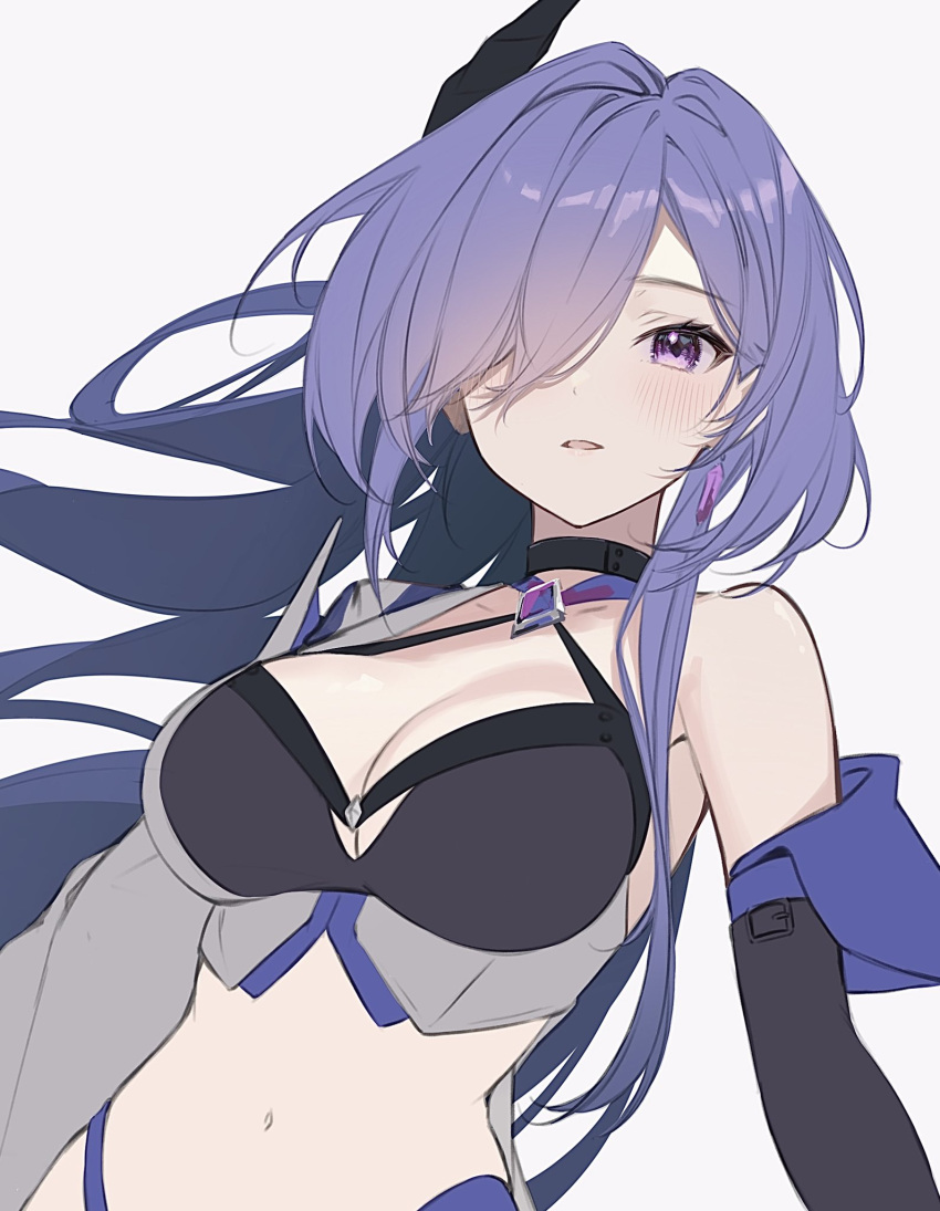 1girl acheron_(honkai:_star_rail) blush breasts cleavage commentary crop_top earrings grey_background hair_over_one_eye highres honkai:_star_rail honkai_(series) jewelry long_hair looking_at_viewer medium_breasts midriff navel parted_lips purple_eyes purple_hair simple_background single_bare_shoulder solo soybean_(hisoybean) stomach upper_body