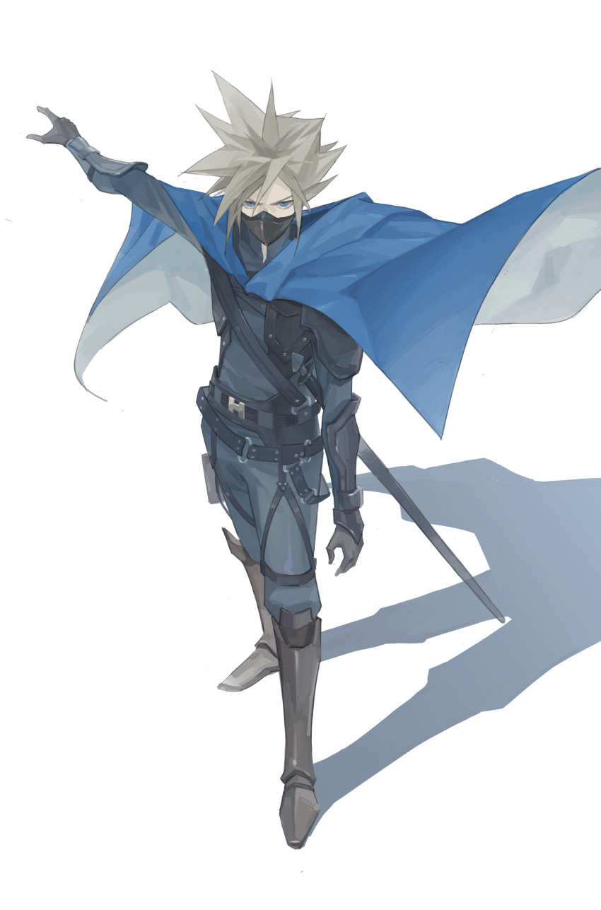 1boy absurdres arm_armor armor armored_boots belt black_gloves black_pants black_shirt blonde_hair blue_cape blue_eyes boots cape chest_strap cloud_strife commentary covered_mouth dododo final_fantasy final_fantasy_vii final_fantasy_vii_remake from_above full_body glaring gloves grey_footwear high_collar highres knight long_sleeves male_focus mask mouth_mask official_alternate_costume outstretched_arm pants scabbard serious shadow sheath shirt short_hair shoulder_armor shoulder_strap simple_background solo spiked_hair sword thigh_strap weapon white_background