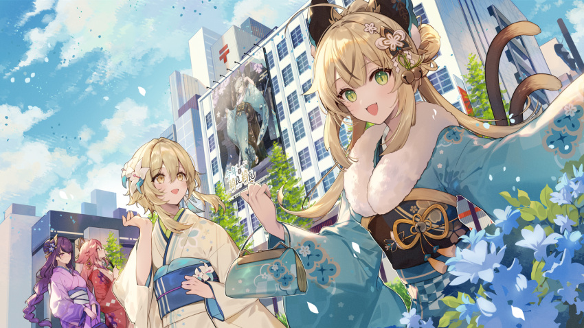 4girls alternate_costume bag bell blonde_hair blue_bag blue_flower blue_kimono blue_sky braid building cat_tail cloud cloudy_sky commentary_request flower from_side fur-trimmed_kimono fur_trim genshin_impact green_eyes hair_bell hair_ornament handbag japanese_clothes kimono kirara_(genshin_impact) kirara_(post_office)_(genshin_impact) long_hair long_sleeves looking_at_viewer looking_up lumine_(genshin_impact) multiple_girls multiple_tails necomi obi obiage official_alternate_costume open_mouth outdoors parted_bangs pink_hair purple_eyes purple_hair raiden_shogun red_kimono sash short_hair_with_long_locks single_braid sky slit_pupils smile tail two_tails upper_body very_long_hair wide_sleeves yae_miko yellow_eyes yellow_kimono