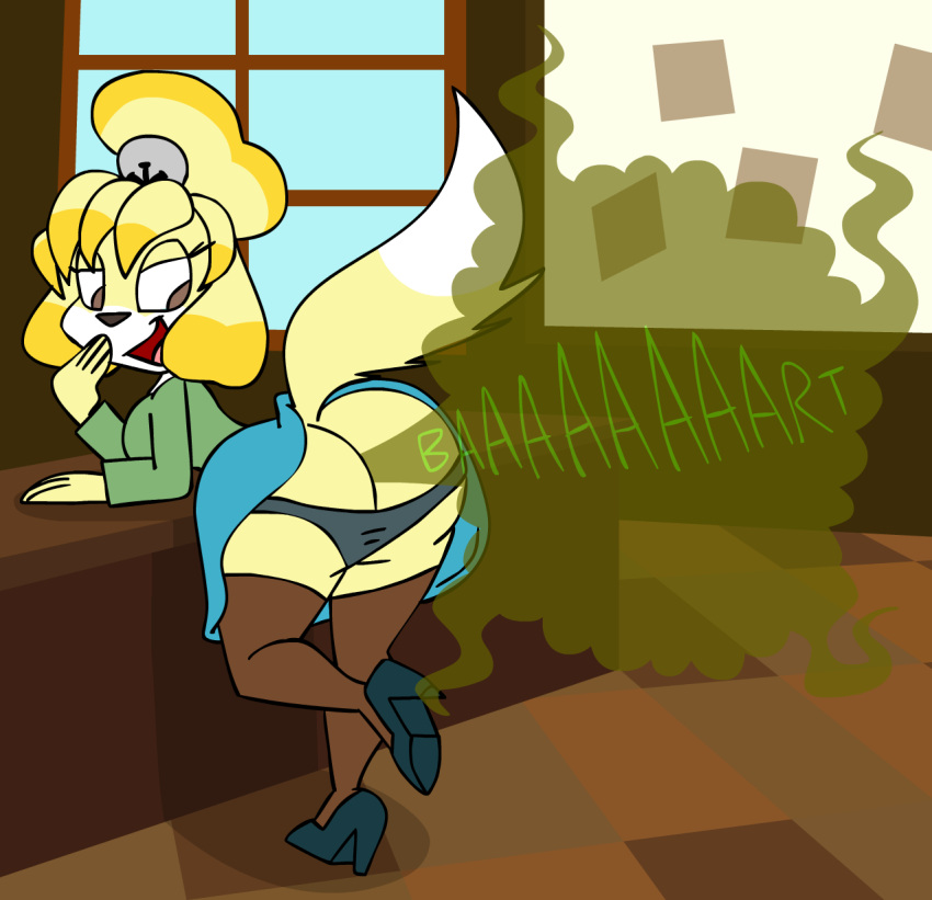 animatedjames anthro big_butt blonde_hair bottomwear butt canid canine canis clothed clothing clothing_lift domestic_dog fart fart_fetish female fluffy fur gas gassy hair hi_res humanoid mammal panties pinup pose skirt skirt_lift solo tail underwear upskirt yellow_body yellow_fur