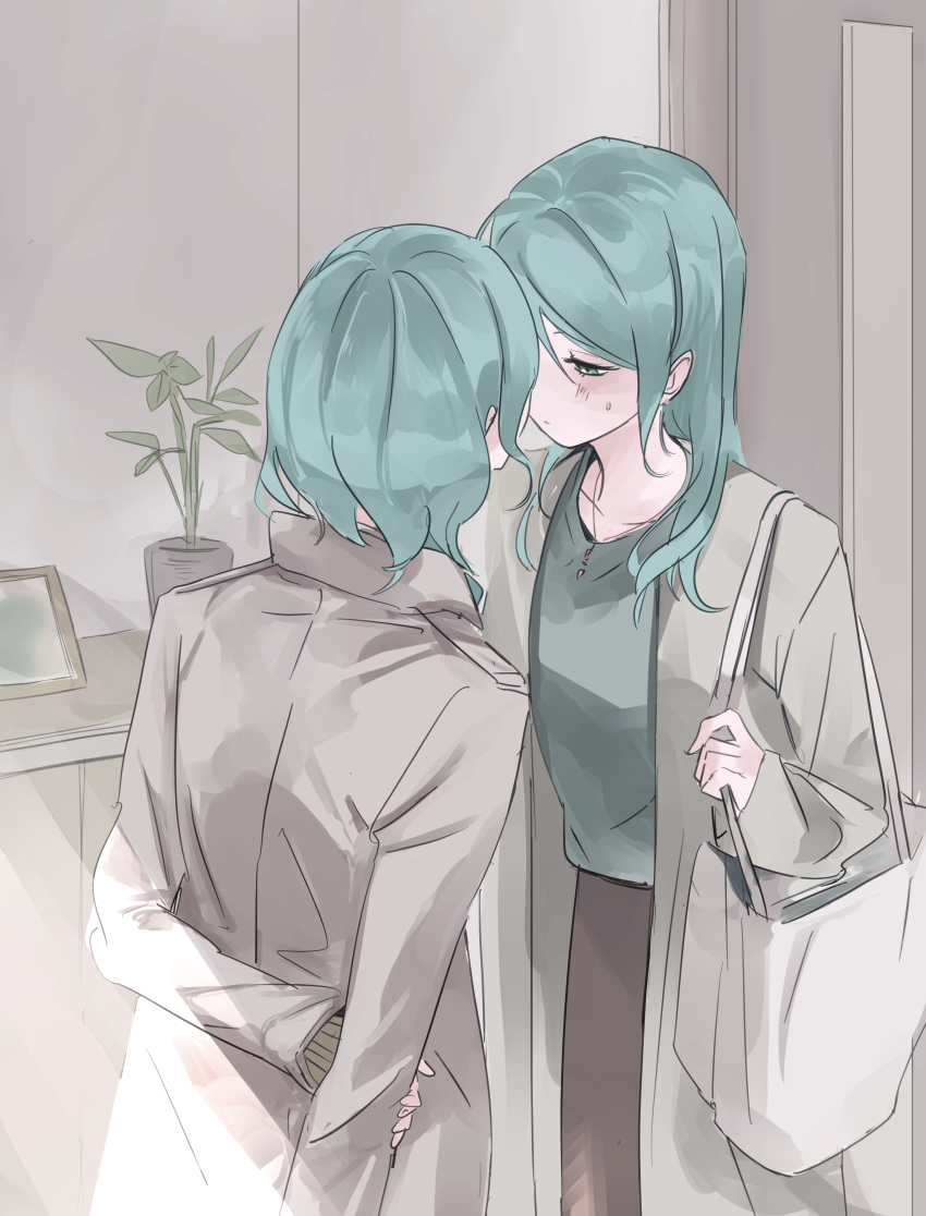 2girls absurdres arm_behind_back bag bang_dream! blush brown_coat coat collarbone facing_another green_hair highres hikawa_hina hikawa_sayo holding holding_bag holding_own_arm imminent_kiss indoors looking_at_another multiple_girls picture_frame pine_(pinepipp) plant potted_plant siblings sisters sweatdrop twins yuri