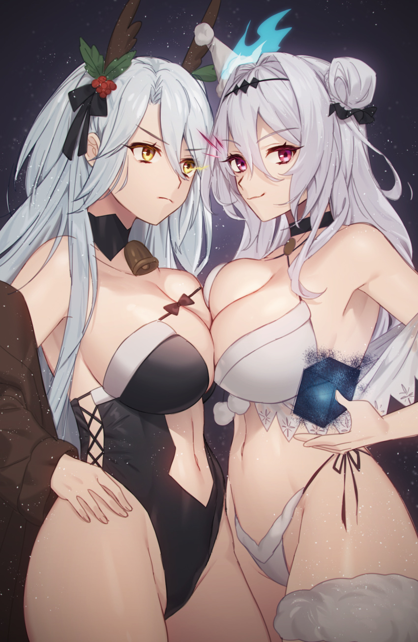 2girls arbiter_the_empress_iii_(azur_lane) arbiter_the_hermit_ix_(azur_lane) azur_lane bell black_choker breast_press breasts choker closed_mouth commentary_request commission cross-laced_clothes fake_antlers floating floating_object frown grey_hair hair_between_eyes hand_on_own_hip highleg highleg_leotard highleg_panties highres large_breasts leotard long_hair looking_at_another looking_at_viewer maitei_roppa multiple_girls navel neck_bell off_shoulder panties pixiv_commission red_eyes revealing_clothes siren_(azur_lane) smile string_panties underwear v-shaped_eyebrows yellow_eyes