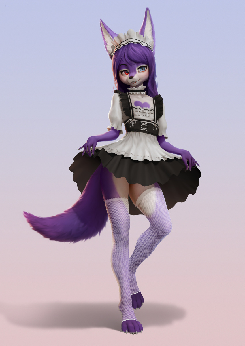 absurd_res anthro bedroom_eyes blush bow_accessory canid canine clothed clothing clothing_bow clothing_lift crossdressing dress dress_lift ears_up fluffy fluffy_ears fluffy_tail fox fur girly grin hair halz happy heart_(marking) heterochromia hi_res huge_filesize legwear looking_at_viewer maid_headdress maid_uniform male mammal multicolored_body multicolored_eyes multicolored_fur nails narrowed_eyes paws purple_body purple_fur purple_hair purple_tail raych_(lordmau5) seductive simple_background smile solo tail toeless_legwear two_tone_body two_tone_fur uniform white_body white_fur white_uniform