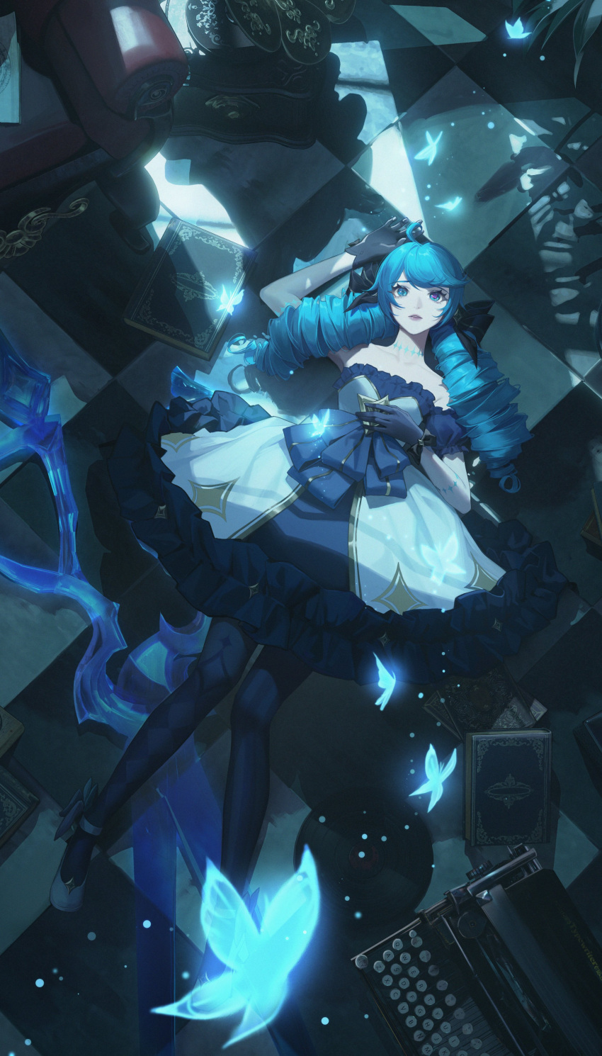 1girl absurdres ahoge asami_okutoshioku bare_shoulders bench black_bow black_gloves blue_eyes blue_hair book bow bug butterfly checkered_floor collarbone detached_sleeves dress drill_hair full_body gloves gwen_(league_of_legends) hair_between_eyes hair_bow highres indoors league_of_legends lolita_fashion long_hair looking_up lying neck_tattoo on_back parted_lips scissors sidelocks solo tattoo twin_drills typewriter white_footwear window_shade