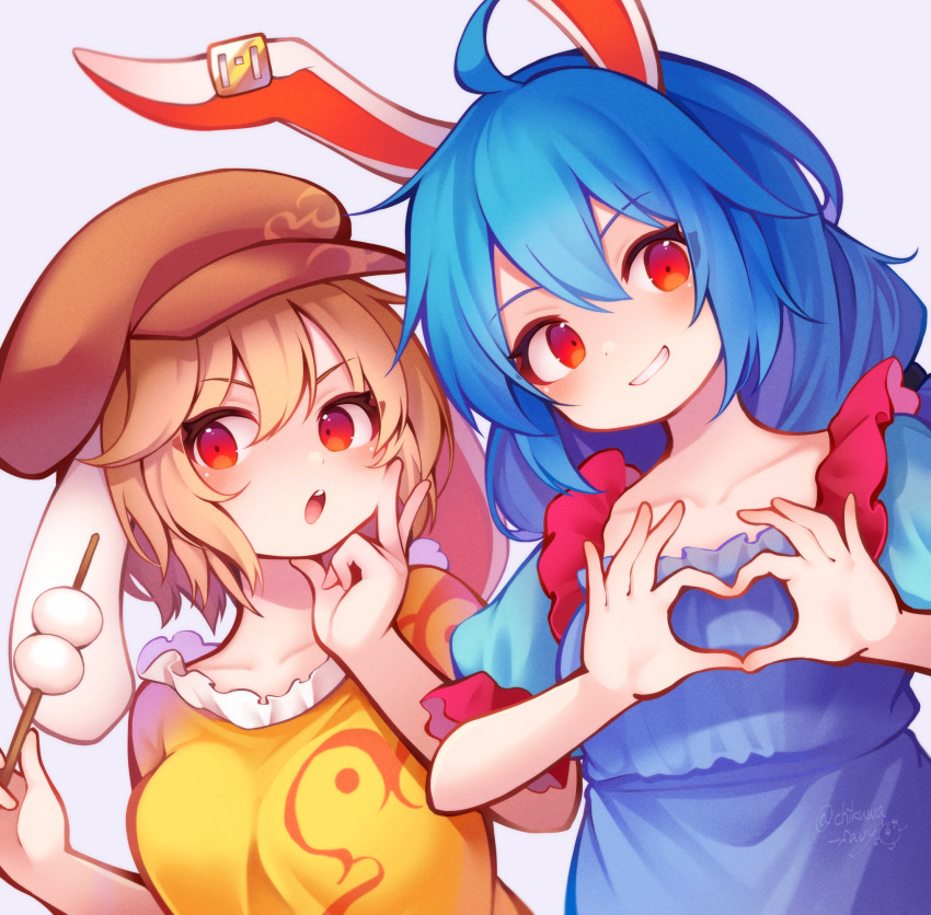 2girls animal_ears blonde_hair blue_dress blue_hair blush breasts brown_headwear cabbie_hat chikuwa_savy collarbone dango dress earclip floppy_ears food grey_background grin hair_between_eyes hat heart heart_hands highres holding holding_food long_hair medium_breasts multiple_girls open_mouth orange_shirt rabbit_ears red_eyes ringo_(touhou) seiran_(touhou) shirt short_sleeves simple_background small_breasts smile touhou wagashi