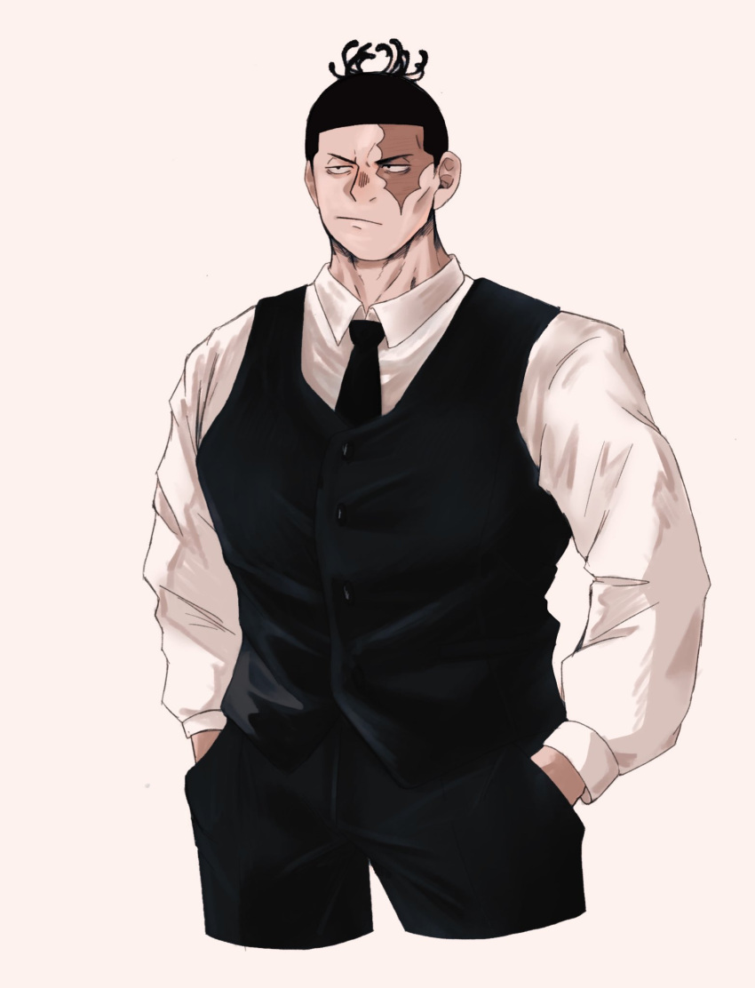 1boy :/ alternate_costume black_hair buzz_cut cropped_legs formal gonzaresu0203 hands_in_pockets highres jujutsu_kaisen male_focus necktie scar scar_across_eye short_hair sideburns solo standing toudou_aoi_(jujutsu_kaisen) very_short_hair vest white_background