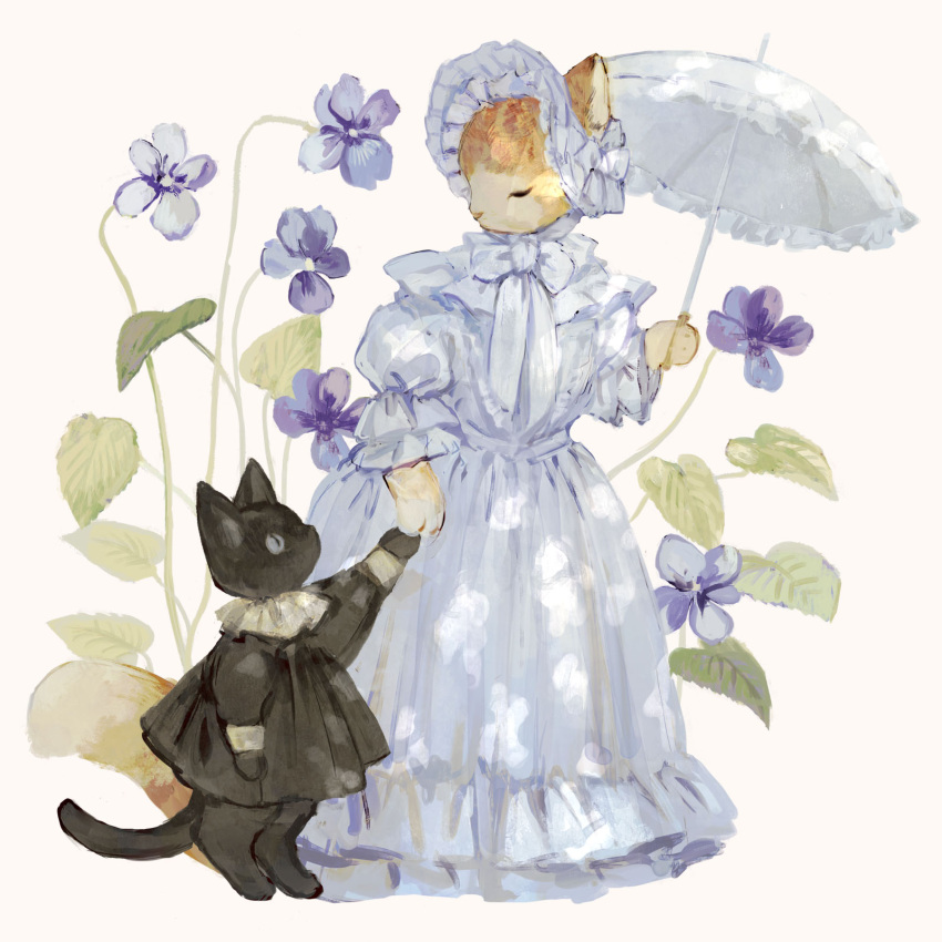 animal animal_focus barefoot black_cat black_dress blue_bow blue_dress blue_flower blue_ribbon bonnet bow cat clothed_animal dress flower frilled_bonnet frilled_dress frilled_shirt_collar frilled_sleeves frills grey_eyes highres holding holding_hands holding_parasol layered_dress long_dress neck_ribbon no_humans original parasol ribbon sleeve_cuffs slit_pupils tono_(rt0no) toto_noir umbrella