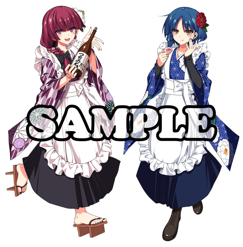 2girls alcohol alternate_costume apron black_nails blue_hair blue_kimono blunt_bangs bocchi_the_rock! boots bottle bow braid braided_ponytail brown_eyes brown_footwear earrings feet floral_print flower frilled_apron frills full_body geta hair_bow hair_flower hair_ornament hair_over_shoulder hakama hakama_skirt hands_up highres hiroi_kikuri holding holding_bottle japanese_clothes jewelry kimono knhouuuuu maid medium_hair multiple_girls nail_polish obi parted_bangs patterned_clothing print_kimono purple_eyes purple_hair purple_kimono red_flower sample_watermark sandals sash simple_background skirt standing standing_on_one_leg stud_earrings toenail_polish toenails toes tongue tongue_out watermark white_apron white_background white_flower white_sash wide_sleeves yamada_ryo