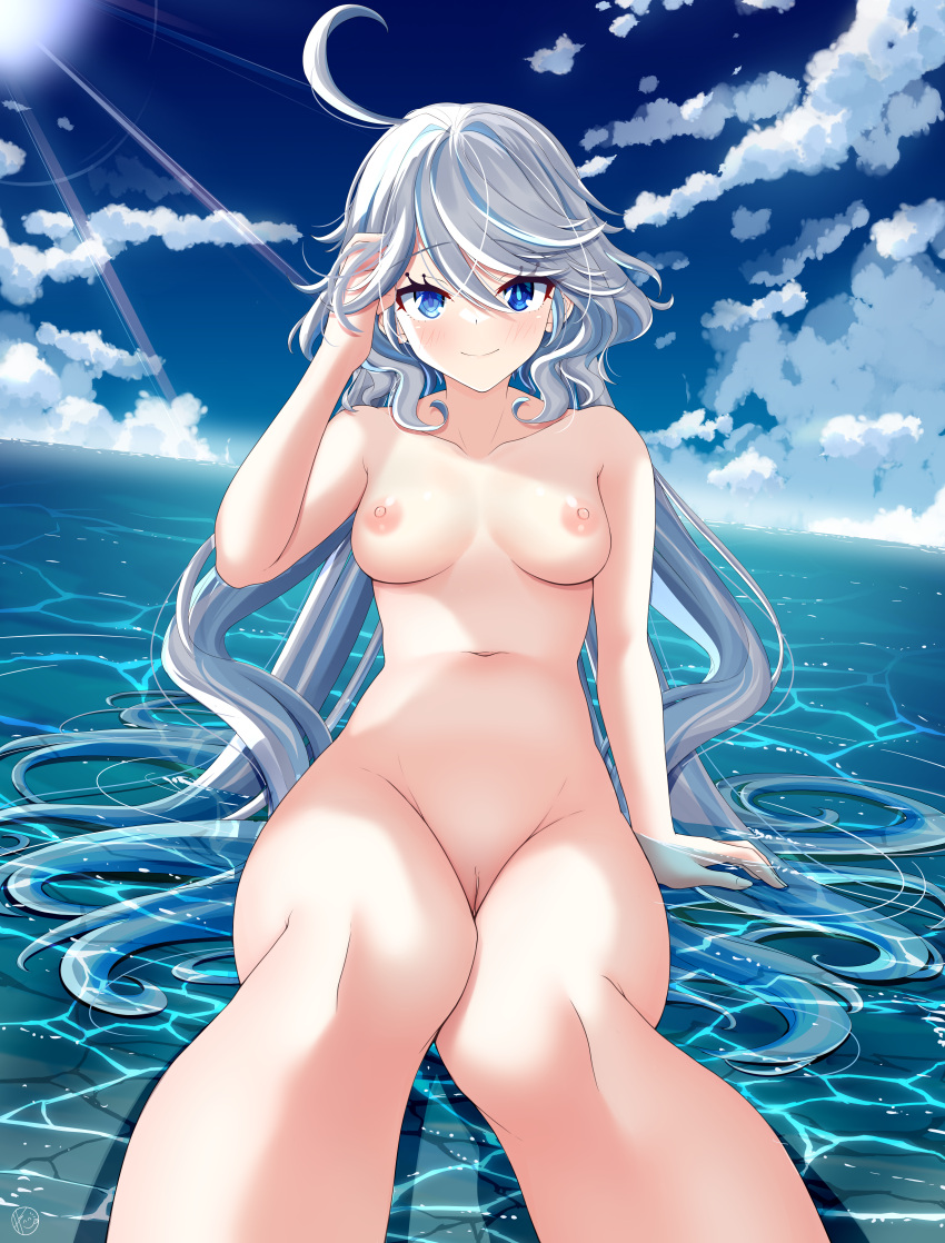 absurdres blue_eyes furina_(genshin_impact) genshin_impact helvetica_std highres long_hair nipples nude pussy sky smile water white_hair