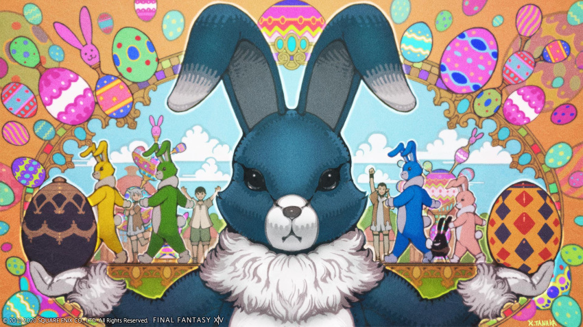 5others :d animal_costume artist_request child cosplay easter_egg egg elezen elf final_fantasy final_fantasy_xiv highres kigurumi looking_at_viewer miqo'te multiple_others official_art pointy_ears rabbit_costume smile spriggan_(final_fantasy) walking