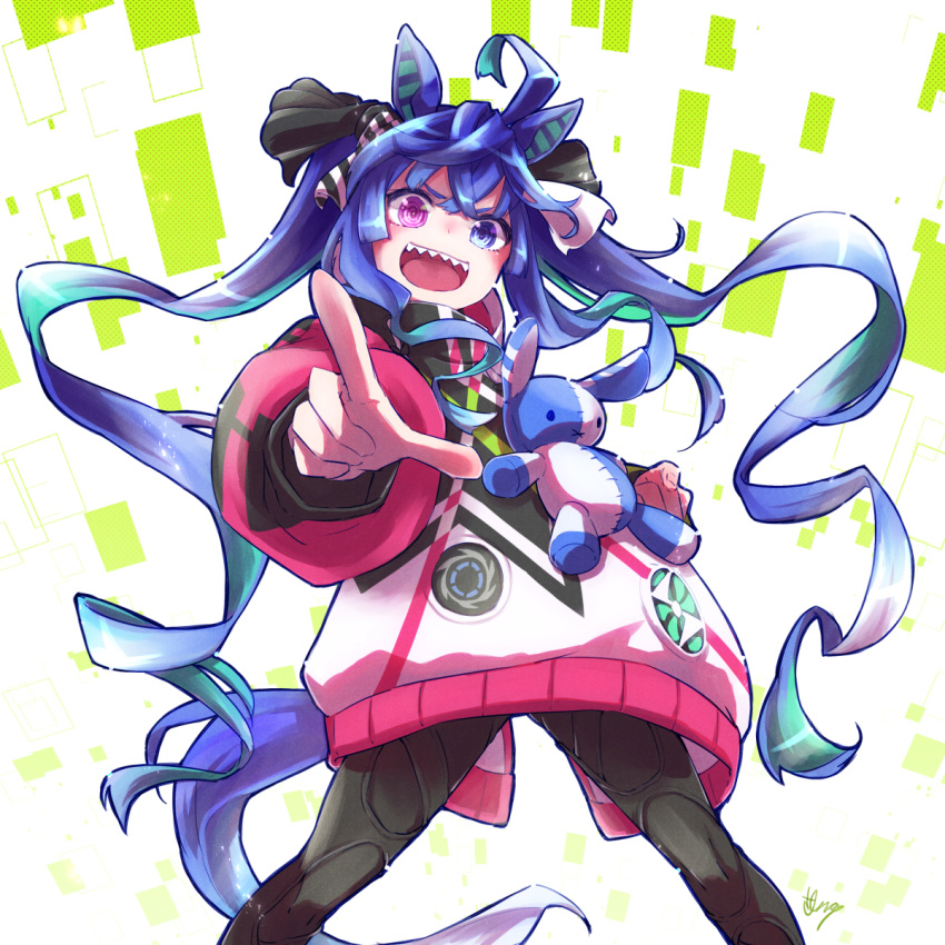 1girl :d @_@ ahoge animal_ears aqua_hair black_leggings blue_eyes blue_hair bow clenched_hand commentary_request crossed_bangs feet_out_of_frame hair_bow heterochromia highres hood hoodie horse_ears horse_girl horse_tail inath leggings legs_apart long_hair long_sleeves looking_at_viewer multicolored_clothes multicolored_hair multicolored_hoodie open_mouth partial_commentary pointing pointing_at_viewer purple_eyes sharp_teeth sidelocks signature smile solo standing striped striped_bow stuffed_animal stuffed_rabbit stuffed_toy tail teeth twin_turbo_(umamusume) twintails two-tone_hair umamusume upper_teeth_only very_long_hair