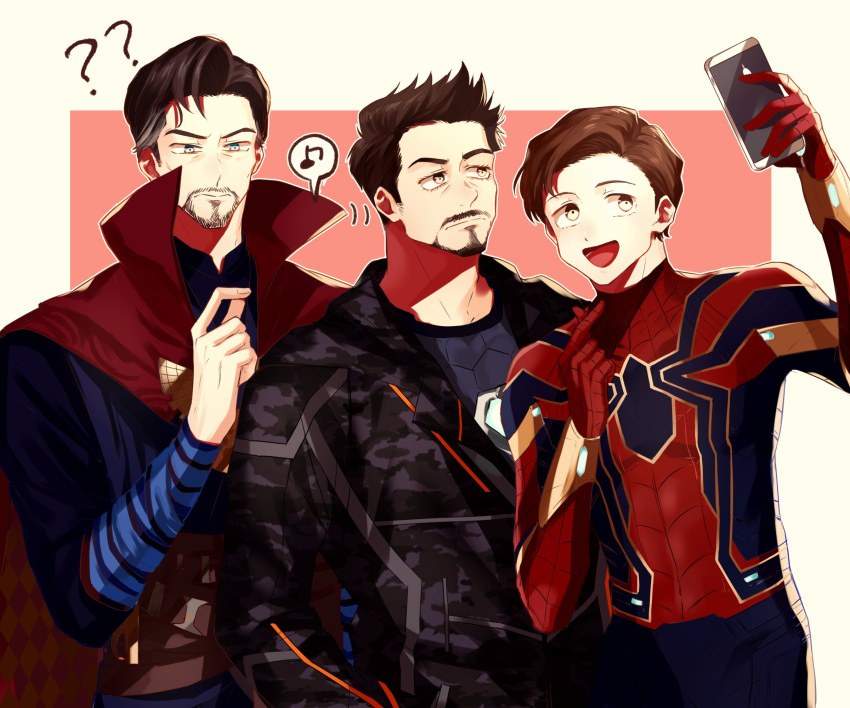 3boys ? animal_print animification arc_reactor arm_up avengers:_infinity_war avengers_(series) belt black_hair black_jacket black_shirt blue_bodysuit blue_eyes blue_shirt bodysuit border brown_belt brown_hair cellphone cloak closed_mouth commentary_request covered_collarbone doctor_strange facial_hair grey_hair hand_up highres holding holding_phone hood hooded_jacket jacket long_sleeves looking_up male_focus marvel marvel_cinematic_universe multicolored_hair multiple_boys musical_note open_clothes open_jacket open_mouth outside_border peter_parker phone pink_background red_bodysuit red_cloak shirt short_hair simple_background smartphone smile speech_bubble spider-man spider_print spider_web_print spoken_musical_note standing superhero t-shirt takechu tongue tony_stark two-tone_bodysuit two-tone_hair web_shooter white_border yellow_eyes