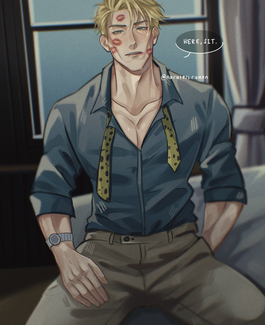 1boy after_kiss animal_print blonde_hair blue_shirt collarbone collared_shirt cowboy_shot curtains grey_pants highres indoors jujutsu_kaisen kiss leopard_print lipstick_mark lipstick_mark_on_face male_focus nanami_kento necktie pants parted_lips shirt short_hair sitting solo undone_necktie ushy_(narutoss_ramen) watch window wristwatch yellow_necktie