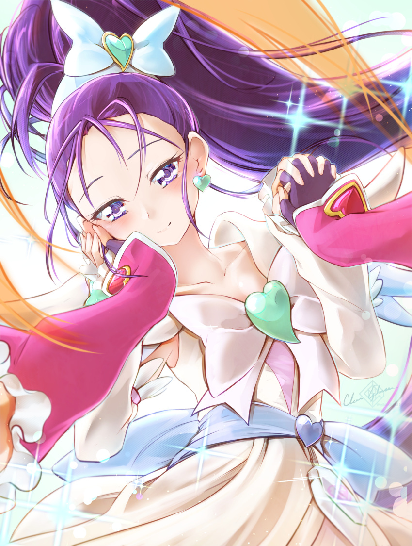 2girls blue_choker brooch choker clear_glass_(mildmild1311) cure_bloom cure_egret earrings futari_wa_precure_splash_star gloves hair_ornament heart heart_brooch high_ponytail highres hyuuga_saki jewelry long_hair looking_at_another magical_girl mishou_mai multiple_girls ponytail precure purple_eyes purple_hair ribbon smile wide_ponytail