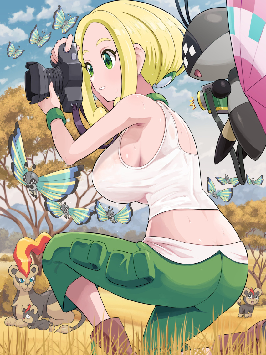 1girl absurdres alternate_breast_size blonde_hair boots breasts brown_footwear camera crop_top day grass green_eyes green_pants highres holding holding_camera kneeling large_breasts litleo medium_hair outdoors pants pokemoa pokemon pokemon_xy pyroar pyroar_(female) shirt sidelocks smile sweat taking_picture tree viola_(pokemon) vivillon white_shirt