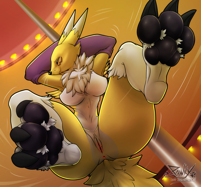 anthro anus bandai_namco breasts butt canid canine dancing digimon digimon_(species) female genitals mammal pawpads paws pawzzhky pole pole_dancing pussy renamon smile solo spread_anus spreading