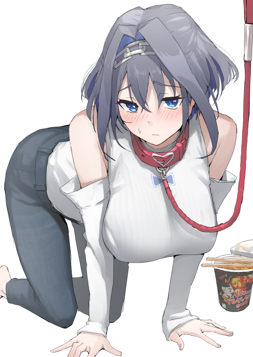 1girl blue_eyes blue_hair blue_pants blush breasts chain_headband colored_inner_hair cup_ramen denim hair_intakes high-waist_pants highres hololive hololive_english jeans large_breasts looking_at_viewer mitsuru_(pixiv_34028718) multicolored_hair official_alternate_costume ouro_kronii ouro_kronii_(3rd_costume) pants solo sweater sweater_tucked_in virtual_youtuber white_sweater