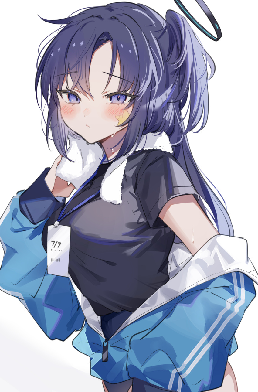 1girl black_footwear blue_archive blue_jacket blush breasts half_updo halo highres jacket lanyard looking_at_viewer medium_breasts official_alternate_costume purple_eyes purple_hair simple_background solo sorani_(kaeru0768) star_(symbol) star_sticker sticker_on_face sweat towel towel_around_neck track_jacket upper_body white_background white_towel yuuka_(blue_archive) yuuka_(track)_(blue_archive)