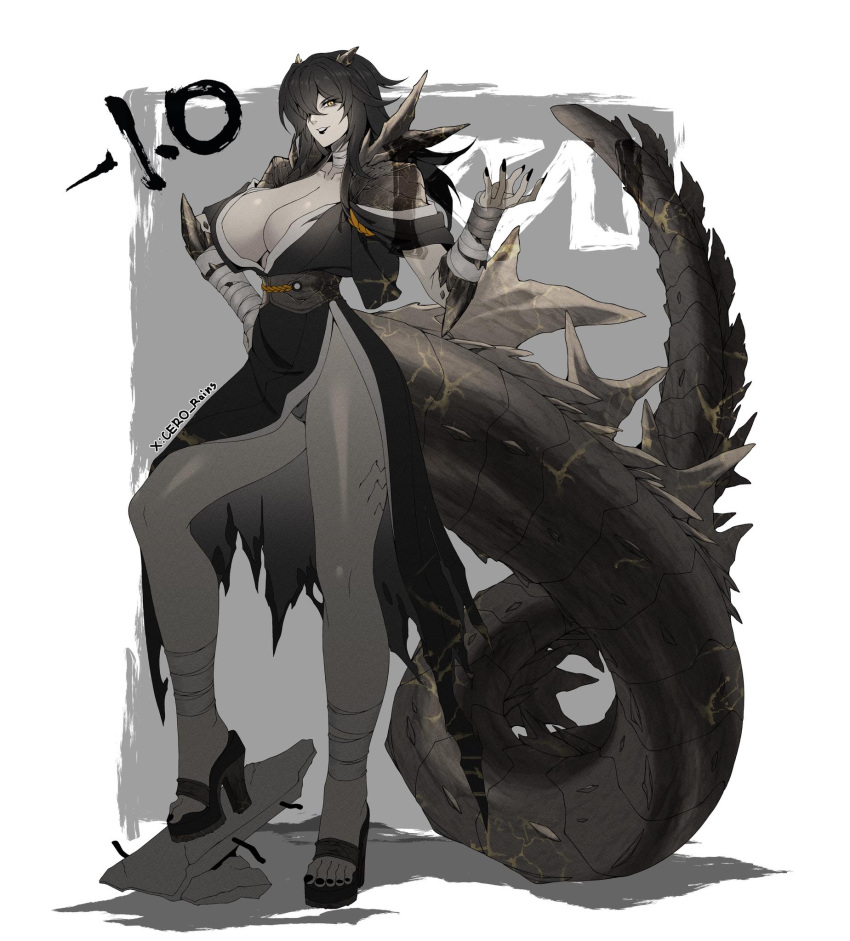 1girl artist_request black_hair black_scales breasts colored_skin genderswap genderswap_(mtf) godzilla_(minus_one) godzilla_(series) godzilla_minus_one grey_skin highres horns large_breasts long_tail personification spikes spines tail very_long_tail yellow_eyes