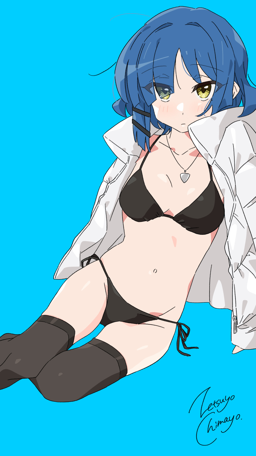 1girl absurdres artist_name black_bra black_panties black_thighhighs blue_background blue_hair bocchi_the_rock! bra breasts collarbone commentary eyes_visible_through_hair hair_over_one_eye highres jewelry long_sleeves looking_at_viewer medium_breasts mole mole_under_eye necklace open_clothes open_shirt panties shirt side-tie_panties simple_background sitting solo thighhighs underwear white_shirt yamada_ryo yellow_eyes zetsuyo_chimayo