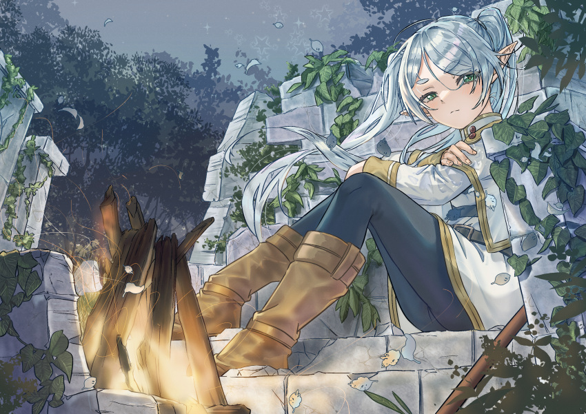 1girl absurdres black_pantyhose bonfire boots brown_footwear capelet clip_studio_paint_(medium) cloud cloudy_sky duang_(user_tsag8258) elf falling_leaves fire frieren green_eyes grey_hair highres leaf long_hair outdoors pantyhose plant pointy_ears shirt sitting skirt sky solo sousou_no_frieren striped striped_shirt tree twintails vines white_capelet white_skirt