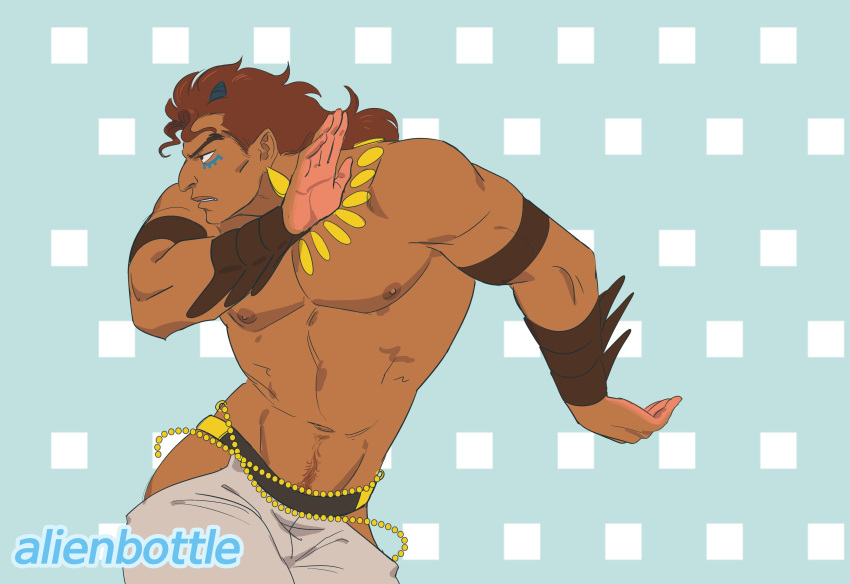 1boy abs absurdres bara battle_tendency dancing dark-skinned_male dark_skin demonicboimike easy_breezy eizouken_ni_wa_te_wo_dasu_na! hand_up highres hip_vent jojo_no_kimyou_na_bouken large_pectorals long_hair looking_to_the_side mature_male muscular muscular_male navel navel_hair nipples pants parody pectorals santana_(jojo) simple_background small_horns solo stomach topless_male