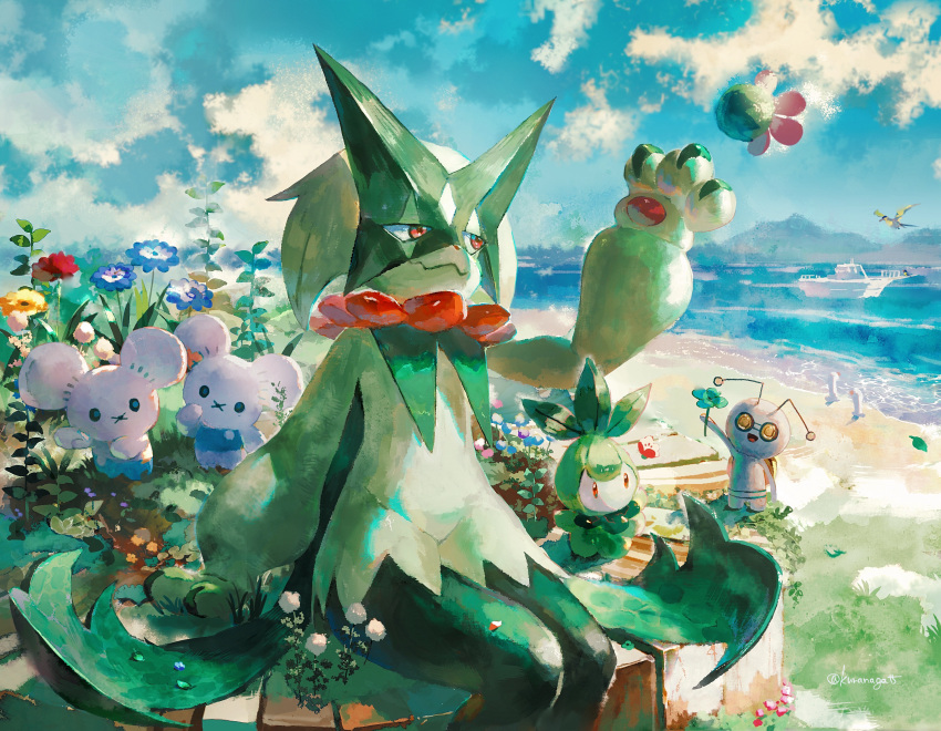 arm_support arm_up blue_flower boat closed_mouth cloud commentary_request day falling_leaves flower gimmighoul grass highres leaf meowscarada nagakura_(seven_walkers) outdoors petilil pokemon red_eyes shore sitting sky tandemaus water watercraft wiglett