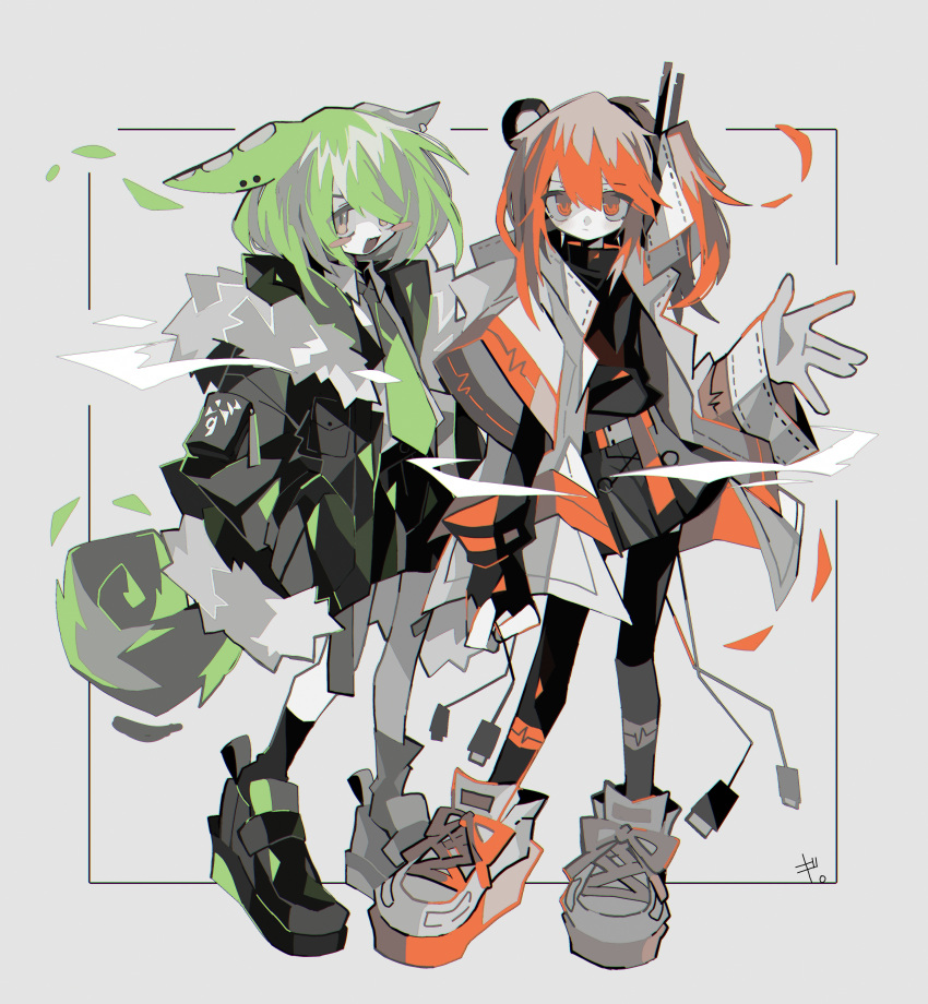 2girls :3 a.i._voice absurdres adachi_rei alternate_costume asagina_gi belt black_coat black_footwear black_gloves black_shirt black_socks blush_stickers cable coat collared_shirt commentary cross-laced_footwear fang fingerless_gloves full_body fur-trimmed_jacket fur_trim gloves green_hair green_necktie grey_gloves hair_between_eyes hair_over_one_eye hair_ribbon headlamp highres jacket leggings limited_palette long_hair long_sleeves looking_at_another looking_at_viewer low_ponytail multiple_girls necktie one_side_up open_clothes open_coat open_jacket open_mouth orange_eyes orange_hair oversized_clothes piercing pleated_skirt radio_antenna ribbon shirt shoes single_fingerless_glove skirt socks symbol-only_commentary turtleneck usb utau very_long_hair voicevox white_ribbon white_shirt yellow_eyes zundamon