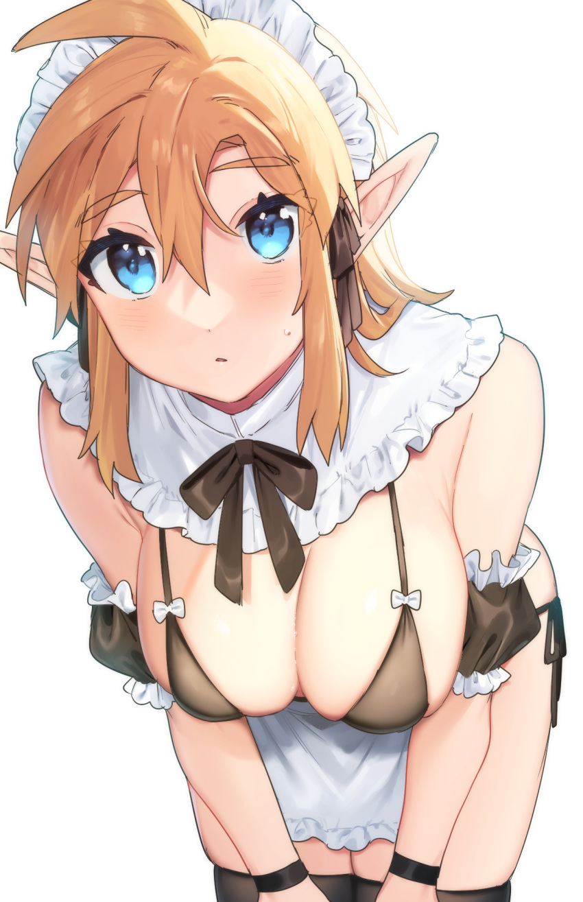 1girl alternate_costume apron bent_over bikini black_thighhighs blonde_hair blue_eyes blush breasts detached_sleeves enmaided frilled_sleeves frills genderswap genderswap_(mtf) hair_between_eyes highres large_breasts link maid maid_bikini maid_headdress medium_hair pointy_ears puffy_short_sleeves puffy_sleeves short_sleeves skindentation solo swimsuit the_legend_of_zelda the_legend_of_zelda:_breath_of_the_wild thighhighs ttanuu. unconventional_maid waist_apron